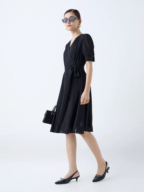 Luxury Evening Wear Black Seersucker Wrap-Style Dress for Women