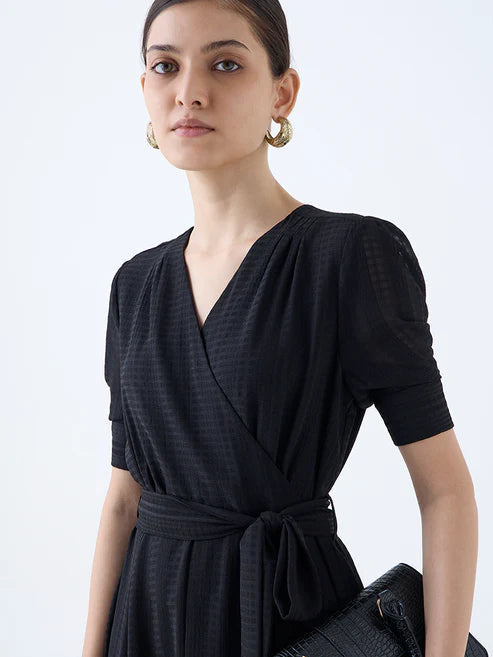 Luxury Evening Wear Black Seersucker Wrap-Style Dress for Women