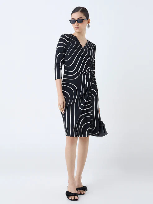 Trendy Black Wrap Dress With Unique Abstract Print for Modern Fashion Look