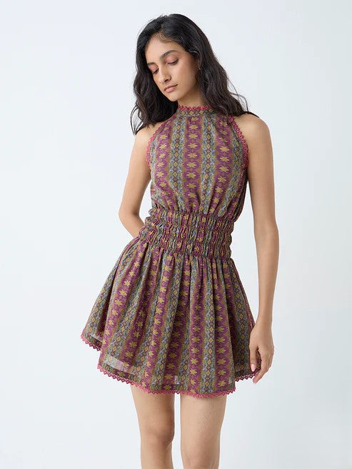Beautifully Designed Multicolour Halter-Neck Cotton A-Line Dress for Women with Modern and Chic Look