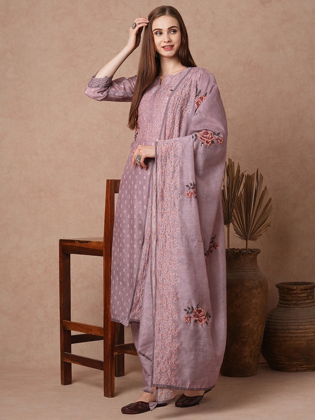 Floral Printed Hand Embroidered Straight Kurta Ensemble with Pants and Matching Dupatta