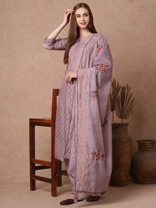 Floral Printed Hand Embroidered Straight Kurta Ensemble with Pants and Matching Dupatta