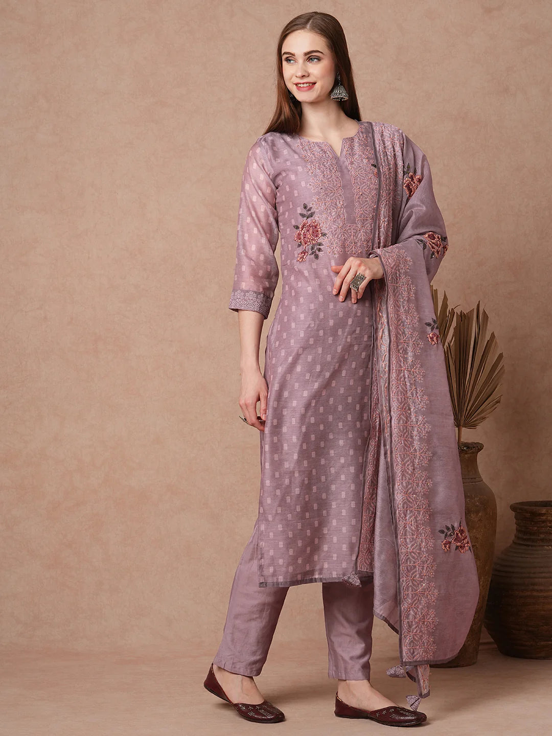 Floral Printed Hand Embroidered Straight Kurta Ensemble with Pants and Matching Dupatta