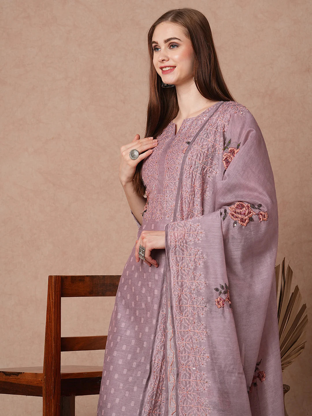 Floral Printed Hand Embroidered Straight Kurta Ensemble with Pants and Matching Dupatta