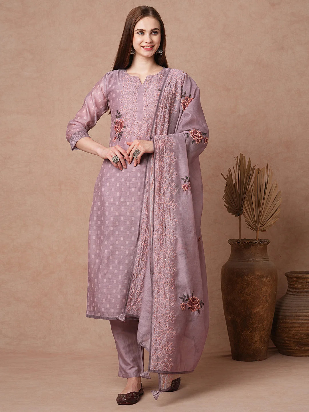 Floral Printed Hand Embroidered Straight Kurta Ensemble with Pants and Matching Dupatta