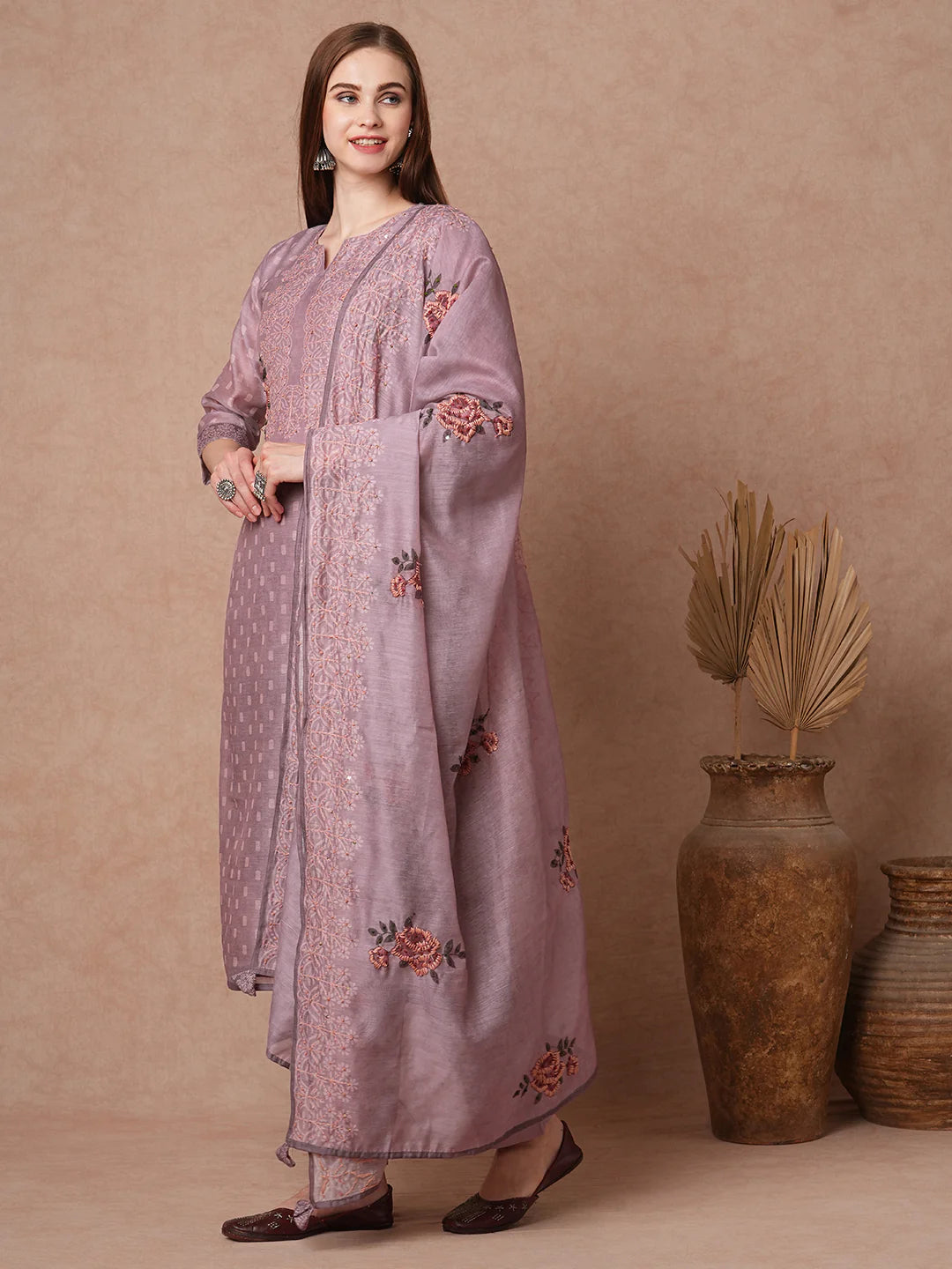 Floral Printed Hand Embroidered Straight Kurta Ensemble with Pants and Matching Dupatta