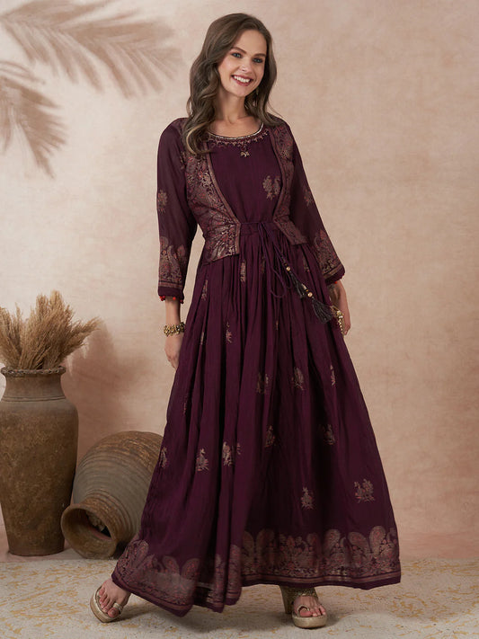 Printed A Line Maxi Dress with Flared Pleats and Embroidered Jacket Design