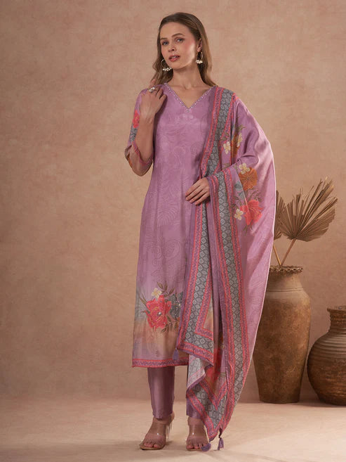 Designer Floral Printed and Embroidered Straight Kurta with Pant & Dupatta