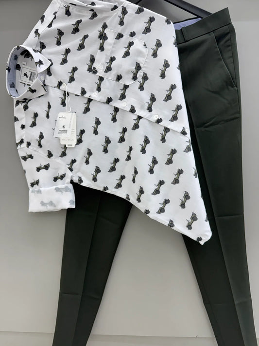 Versatile Men’s Outfit Printed Shirt with Dark Green Formal Pants for Everyday Wear