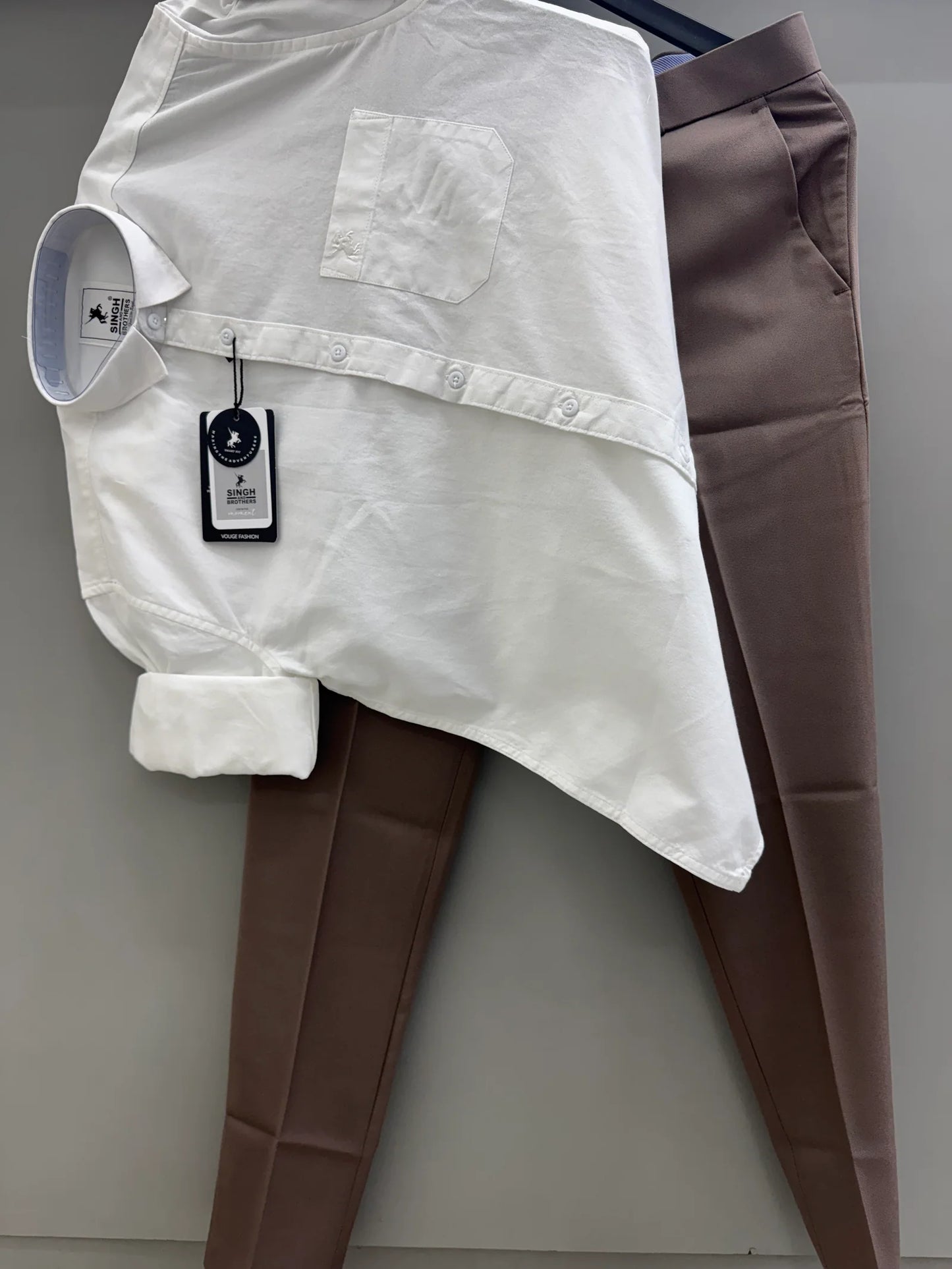 White Cotton Oxford Shirt with Charcoal Brown Formal Pant for Office and Business Wear