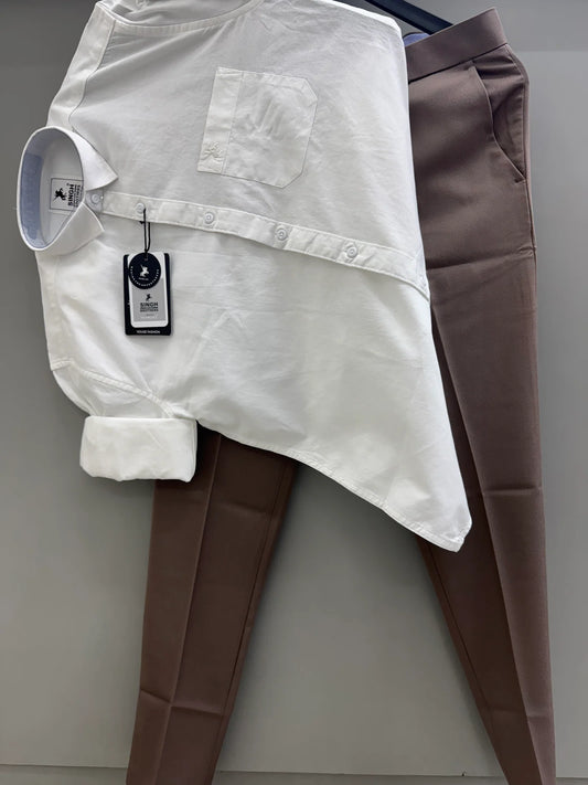 White Cotton Oxford Shirt with Charcoal Brown Formal Pant for Office and Business Wear