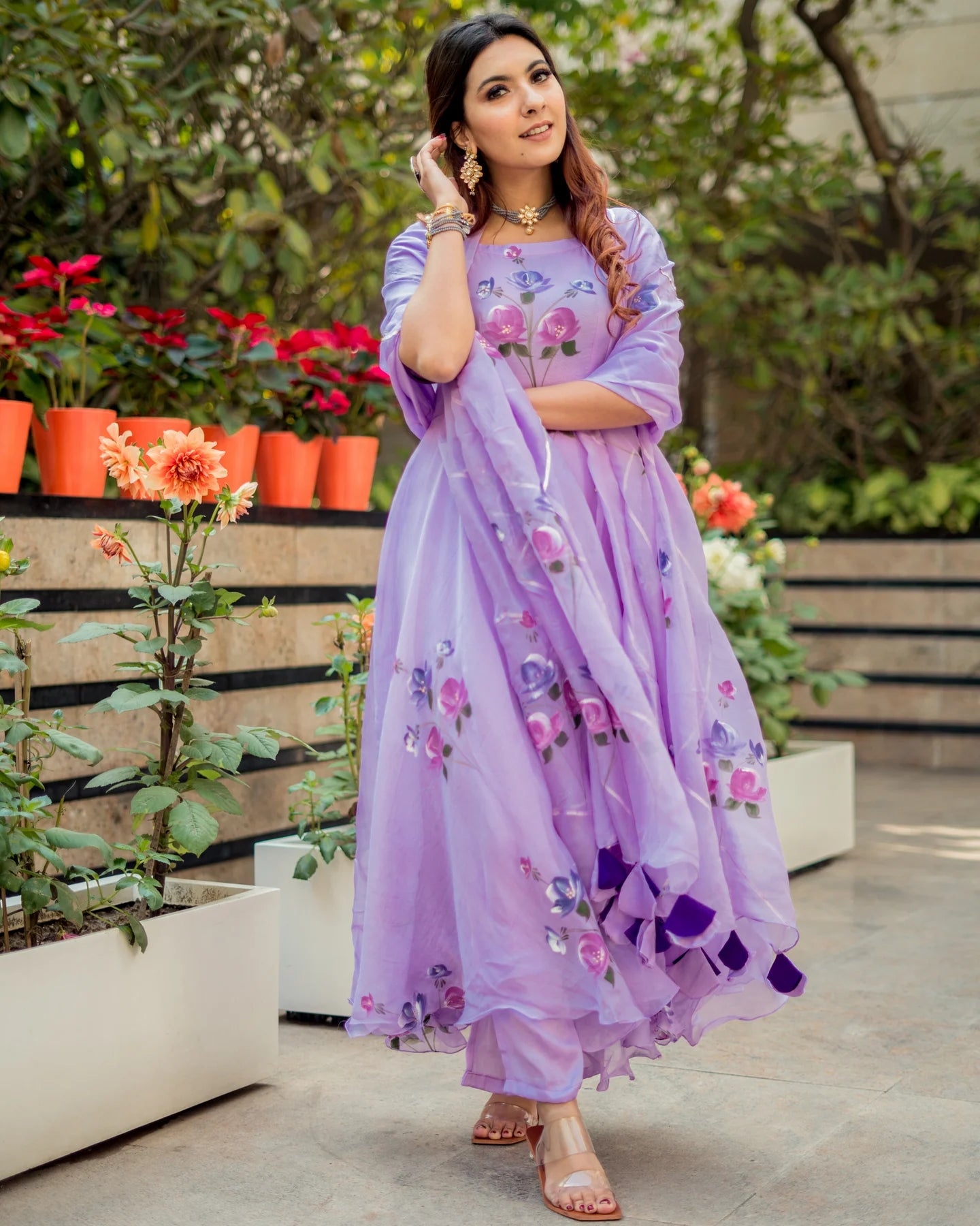 Trendy Lilac Organza Designer Suit Set for Women Featuring Handpainted Patterns and Modern Traditional Style