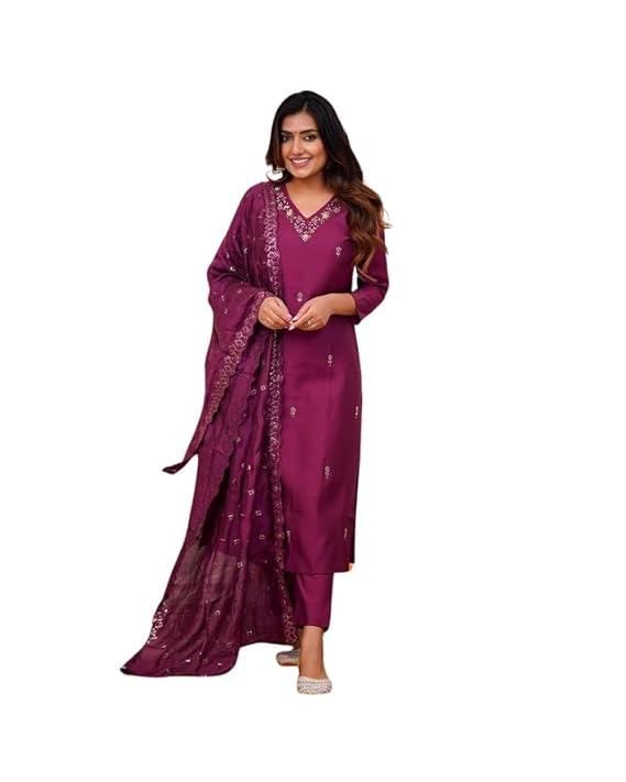 Luxury Inspired Wine Embroidered Viscose Kurta Pant Dupatta Set
