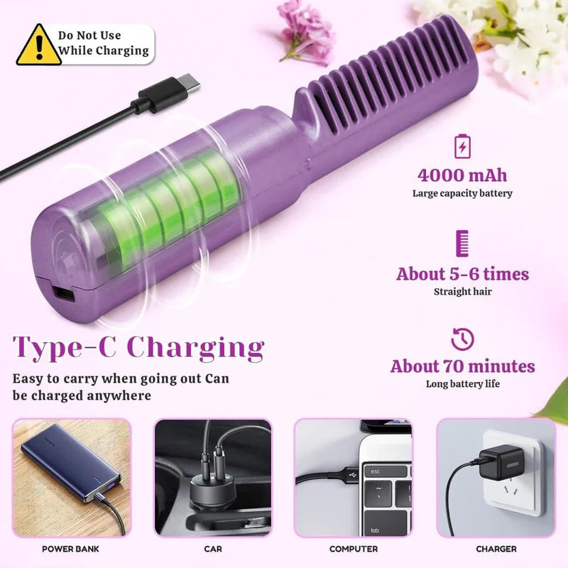 Portable Rechargeable Hair Straightening Comb with Safety Shut Off