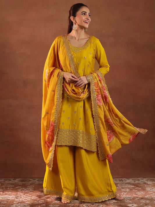 Mustard Embroidered Straight Suit in Silk Blend Fabric with Coordinated Dupatta for Women