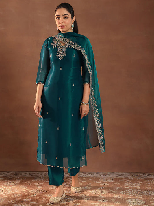 Teal Tissue Fabric Straight Suit Featuring Stylish Yoke Detailing with Coordinated Dupatta
