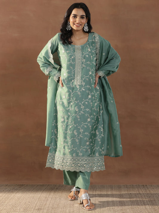 Fashionable Green Silk Blend Straight Suit with Elegant Embroidery and Dupatta for Women