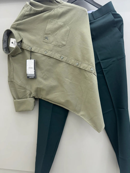 Designer Mint Green Cotton Oxford Shirt with Bottle Green Formal Pant for Professional Outfits