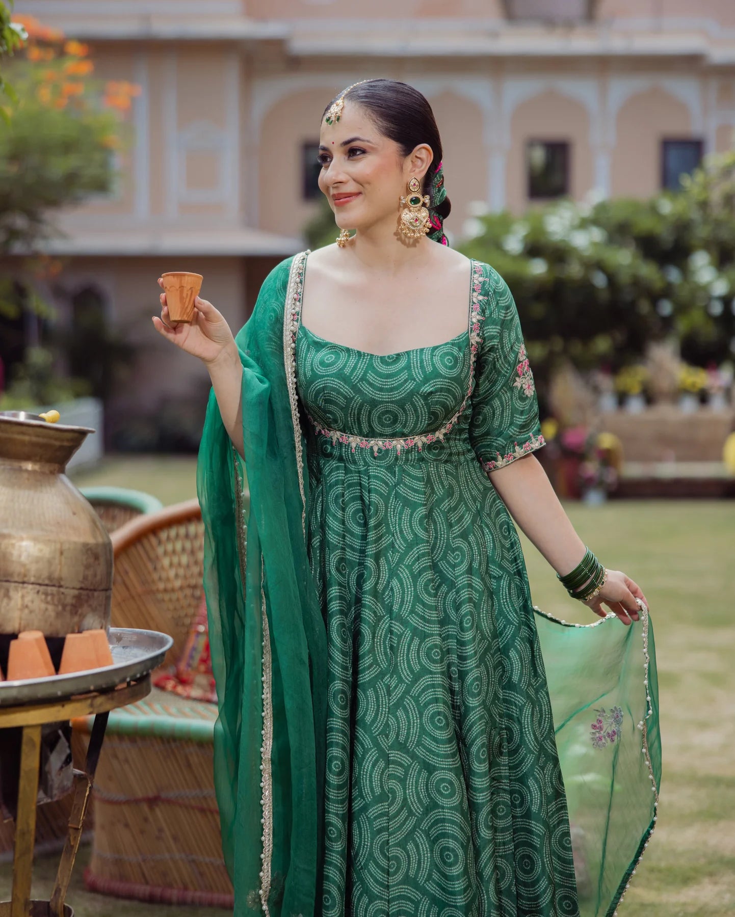Party Wear Dark Green Bandhani Chanderi Suit Set with Dupatta for Women