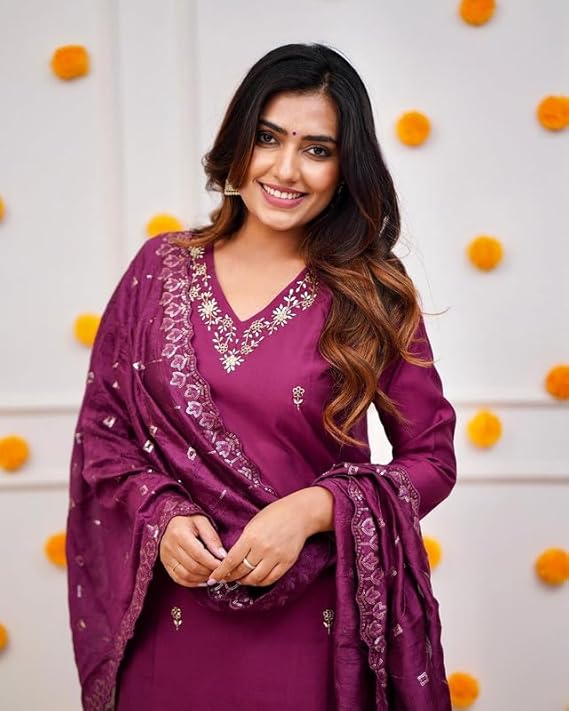 Luxury Inspired Wine Embroidered Viscose Kurta Pant Dupatta Set