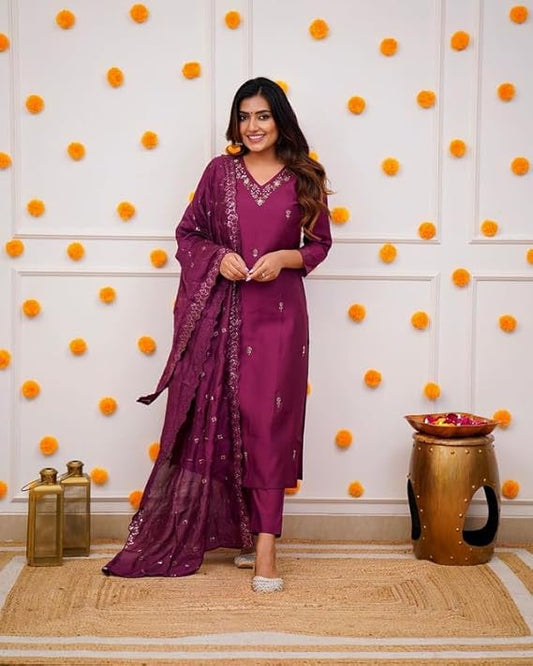 Luxury Inspired Wine Embroidered Viscose Kurta Pant Dupatta Set