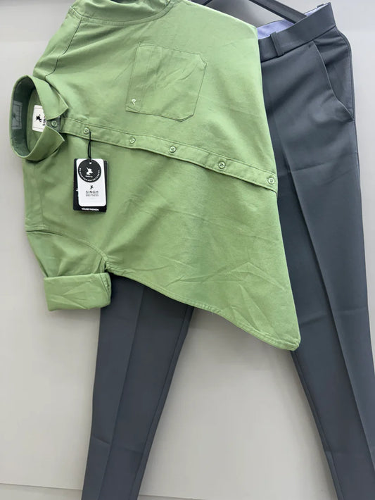 Trendy Men’s Outfit Olive Green Cotton Oxford Shirt with Formal Purple-Grey Trousers