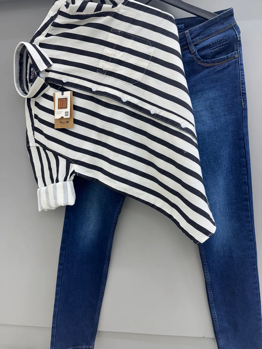 Premium Black Striped Shirt with Comfortable Dark Blue Jeans for Men