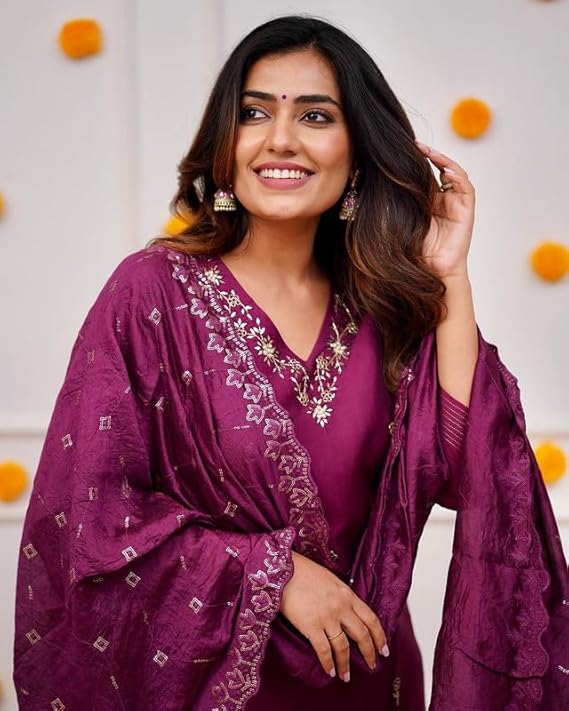 Luxury Inspired Wine Embroidered Viscose Kurta Pant Dupatta Set