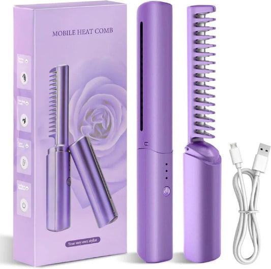 Portable Rechargeable Hair Straightening Comb with Safety Shut Off