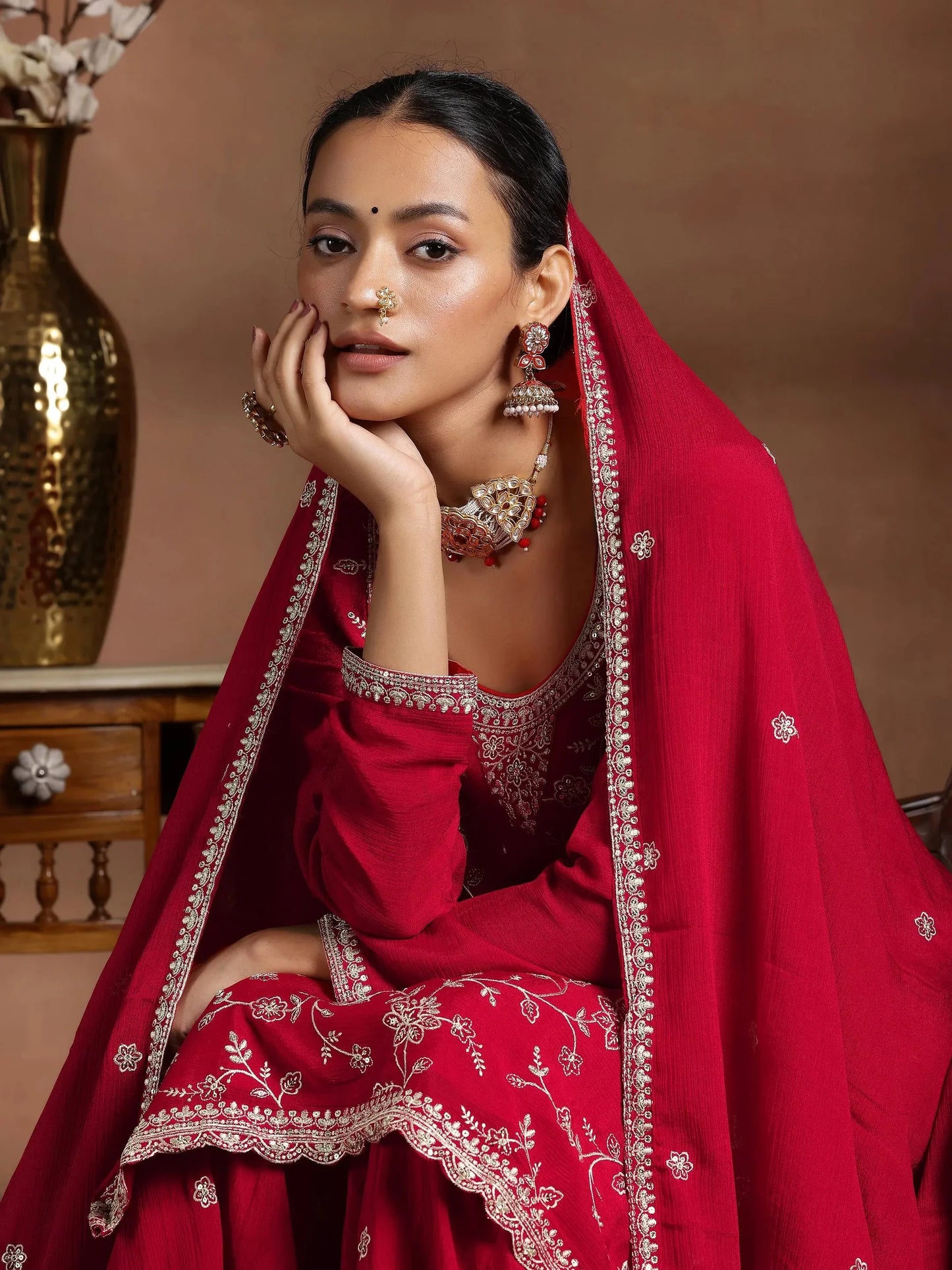 Fashionable Red Silk Blend Straight Suit with Embroidery and Dupatta for Women Party Wear