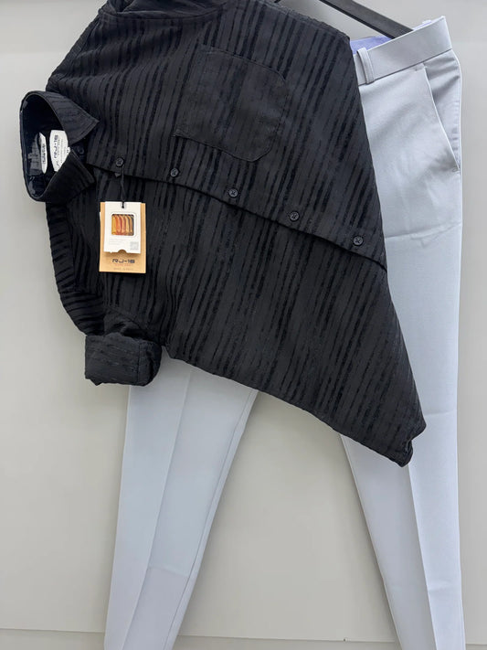 Premium Black Jacquard Shirt with Coordinated Dark Grey Formal Trousers for Office Wear