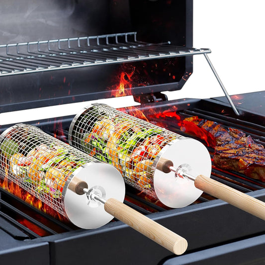 Stainless Steel Rolling Grill Basket Portable BBQ Tool with Wooden Handle for Grilled Vegetables