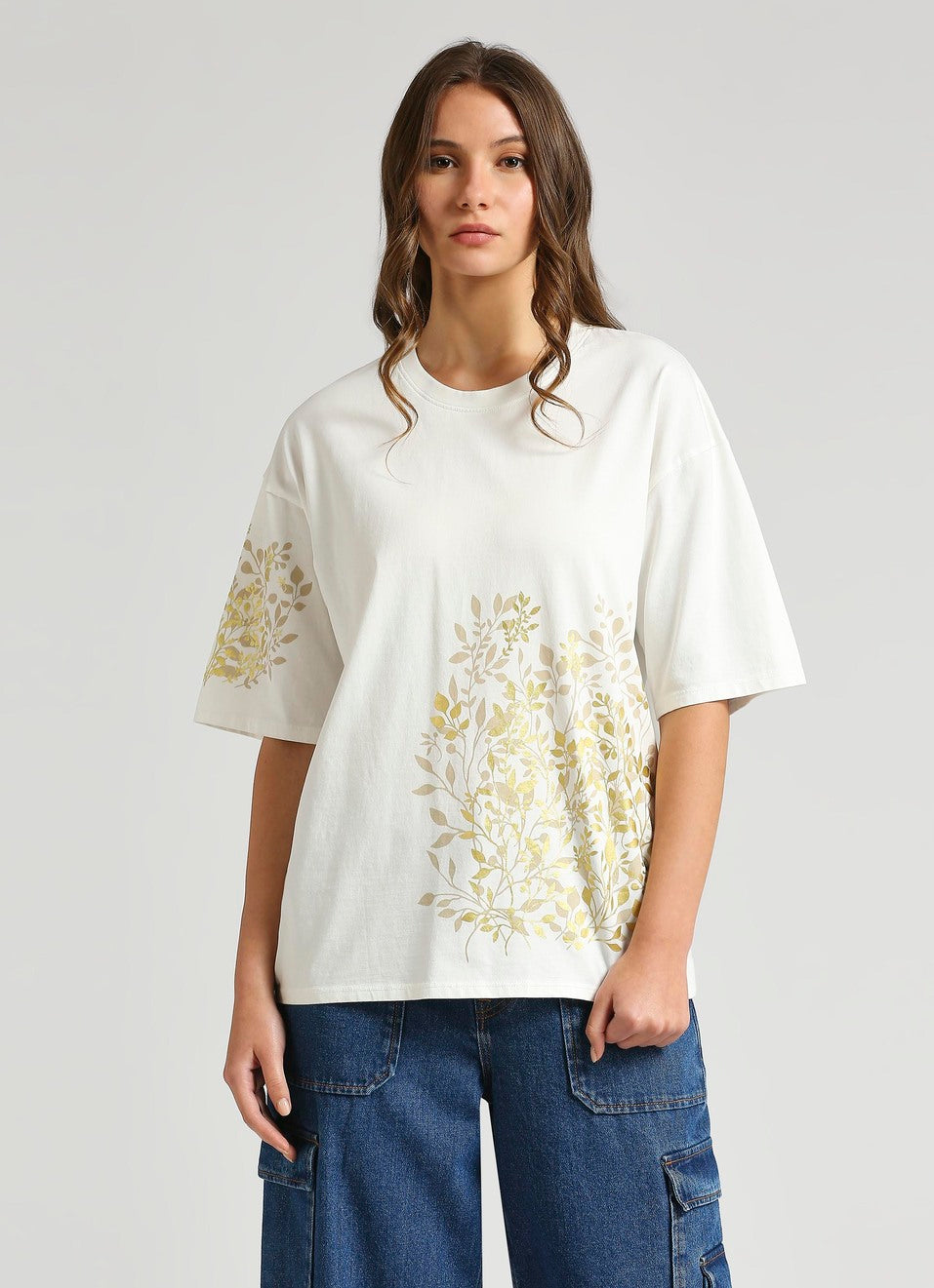 Fashionable White Oversized Tee with Drop Shoulder and Shiny Foil Printed Detail