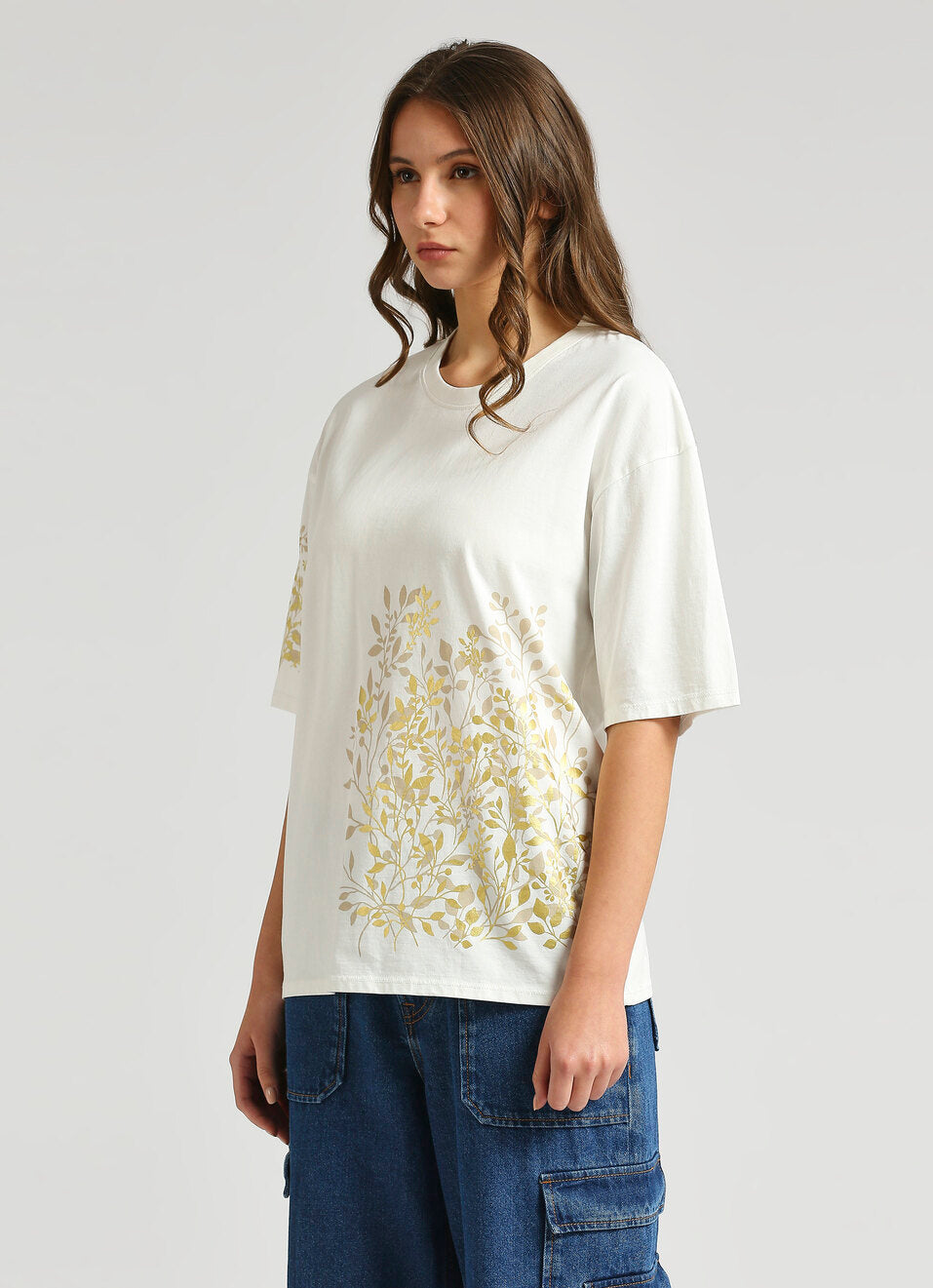Fashionable White Oversized Tee with Drop Shoulder and Shiny Foil Printed Detail