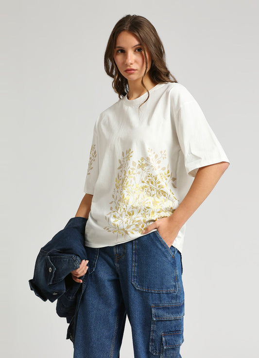 Fashionable White Oversized Tee with Drop Shoulder and Shiny Foil Printed Detail