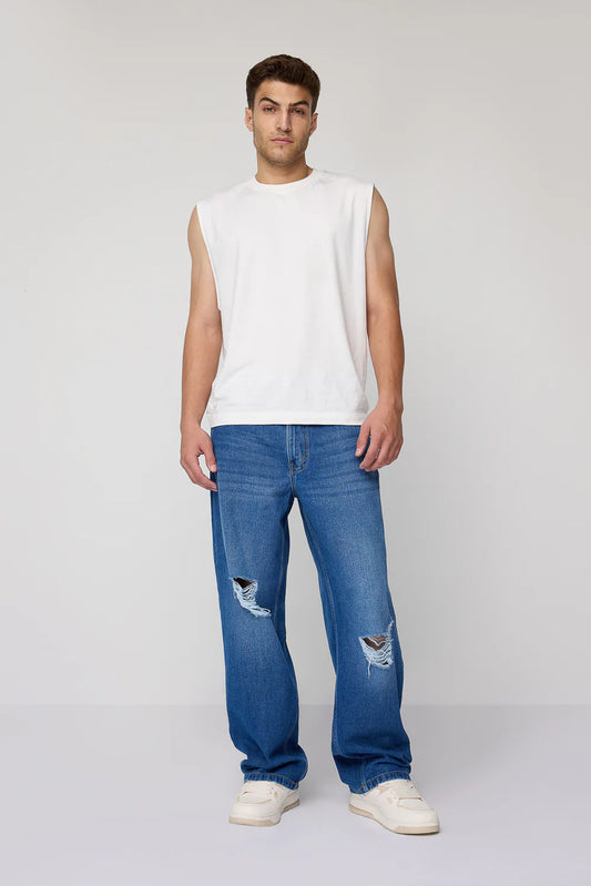 Trendy Men's Urban Distressed Wide Fit Denim Jeans with Relaxed Streetwear Style