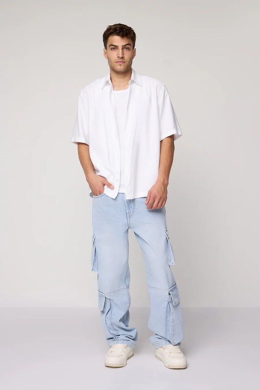 Men’s Straight Fit Sky Blue Cargo Jeans Practical Utility Design Soft Fabric