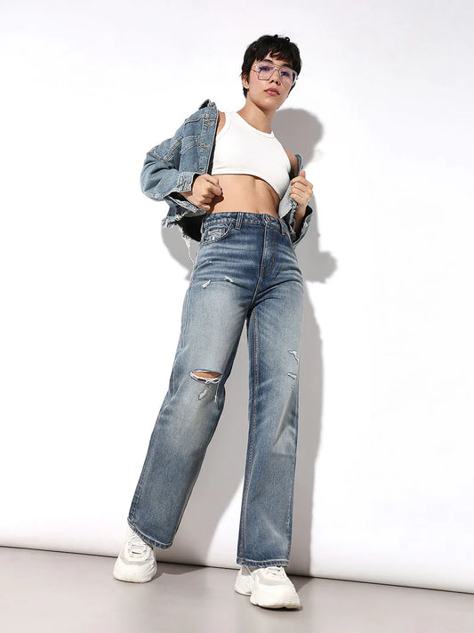 Everyday Womens Blue High Rise Distressed Straight Jeans with Minimalist Design