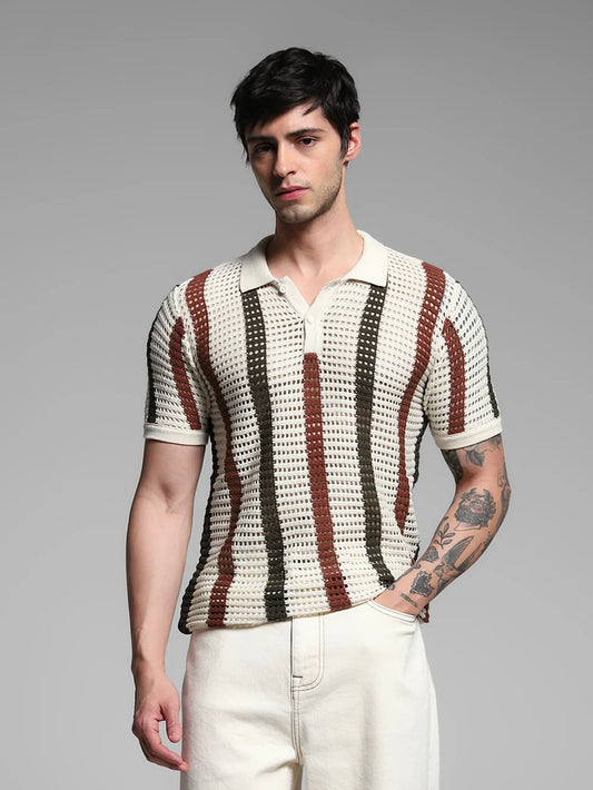 Men’s Cream Striped Knitted Polo T-Shirt with Classic Collar Design