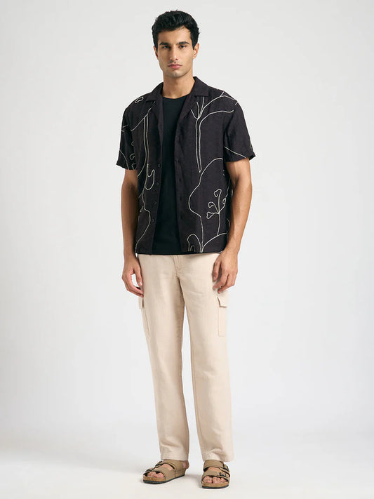 Casual Black Printed Resort Collar Shirt Men Relaxed Fit Trendy Daily Outfit