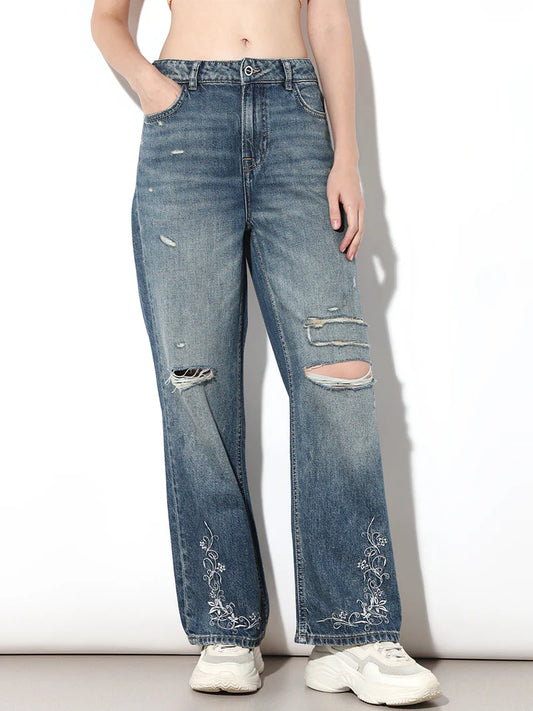 Modern Women’s Blue Distressed Jeans with Intricate Embroidered Details for Stylish Casual Outfits