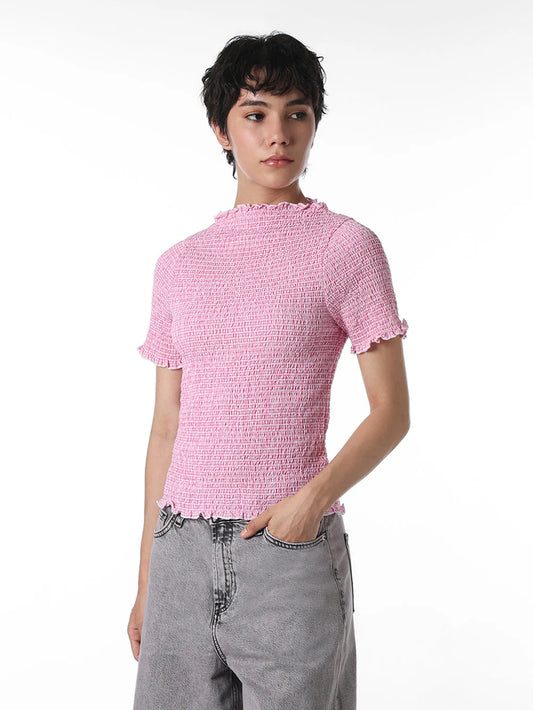 Soft Cotton Pink Smocked Fitted Top for Women’s Daily Wear