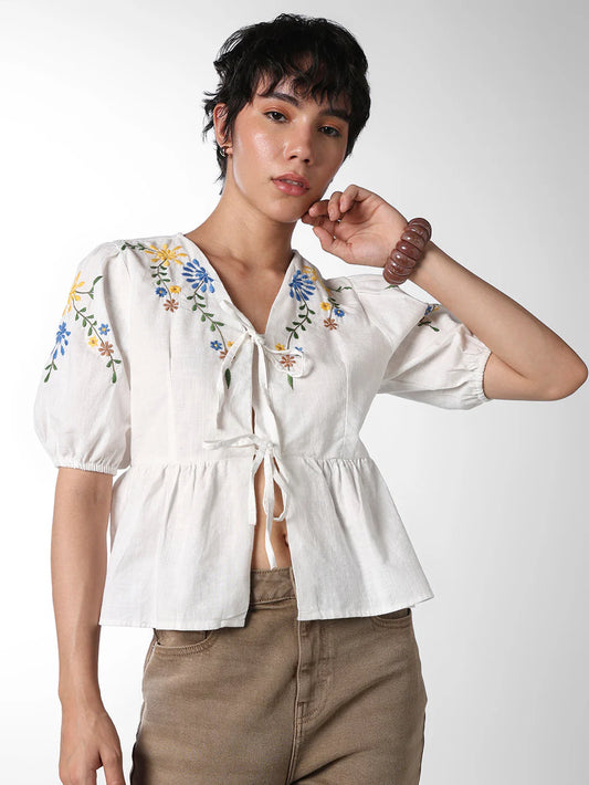 Modern Women’s White Embroidered Cotton Top for Office and Casual Wear