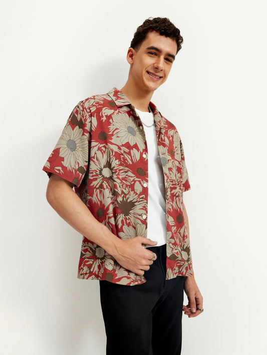 Casual Men Resort Collar Floral Linen Shirt Relaxed Fit Perfect for Holidays and Outings