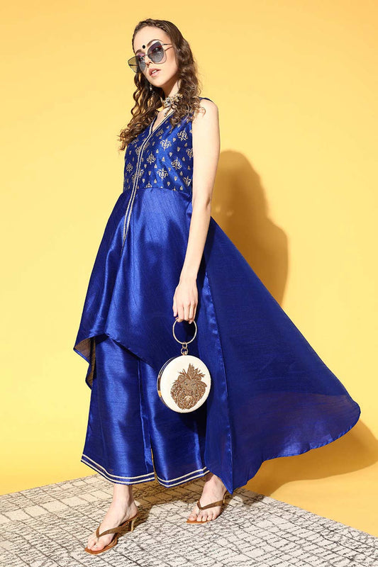 Royal Blue Poly Silk Printed Kurti Palazzo Combo for Women