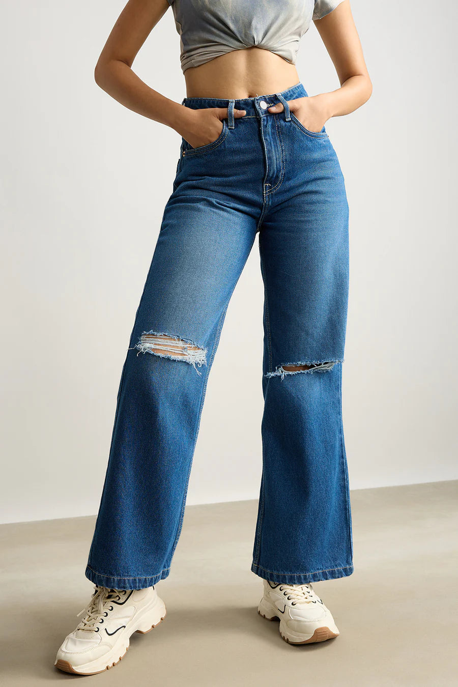 Designer Clean Blue Wide Leg Distressed Jeans for Women Perfect for Outings and Casual Wear