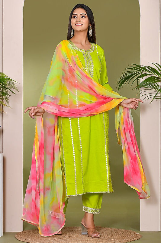 Fashionable Electric Green Cotton Kurta Set with Traditional Aari Work for Women Perfect for Wedding Functions and Evening Wear