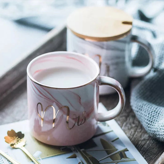 Romantic Mr and Mrs Marble Coffee Mug Set for Couples