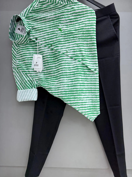 Classic White and Green Striped Shirt with Formal Trousers for Polished Style