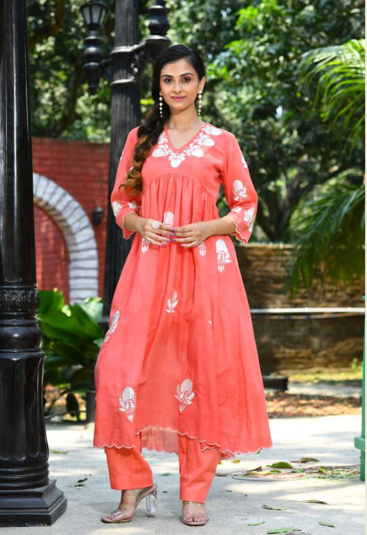 Chic Coral Red Ikat Co Ord Set with Contemporary Fashion Touch